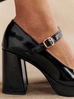 Sezane Black Patent Mary Jane Block Heels